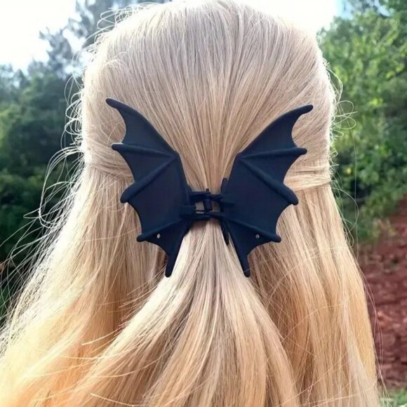Goth Punk Costume Metal Bat Wings New Black Hair Clip 3"x4" Cosplay - Picture 3 of 5